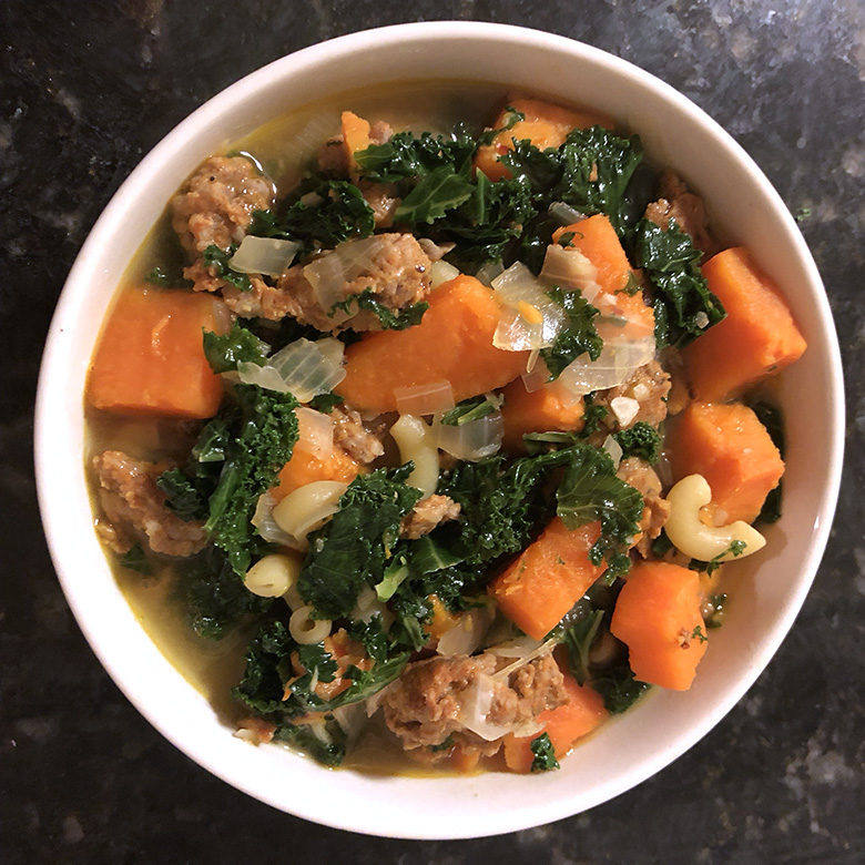 The finished product! Sweet potato and sausage soup with pasta and kale.