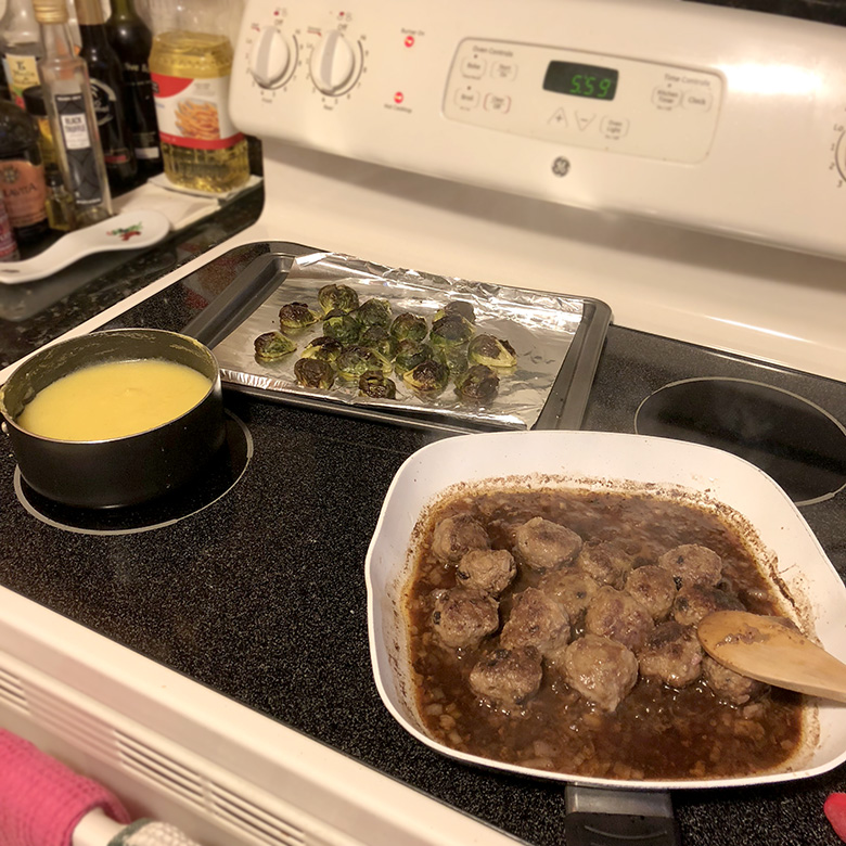 Almost done! Just need to finish reducing the sauce for the meatballs.
