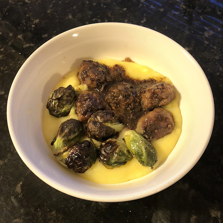 Finished product! Meatballs agrodolce with Brussels sprouts and polenta.
